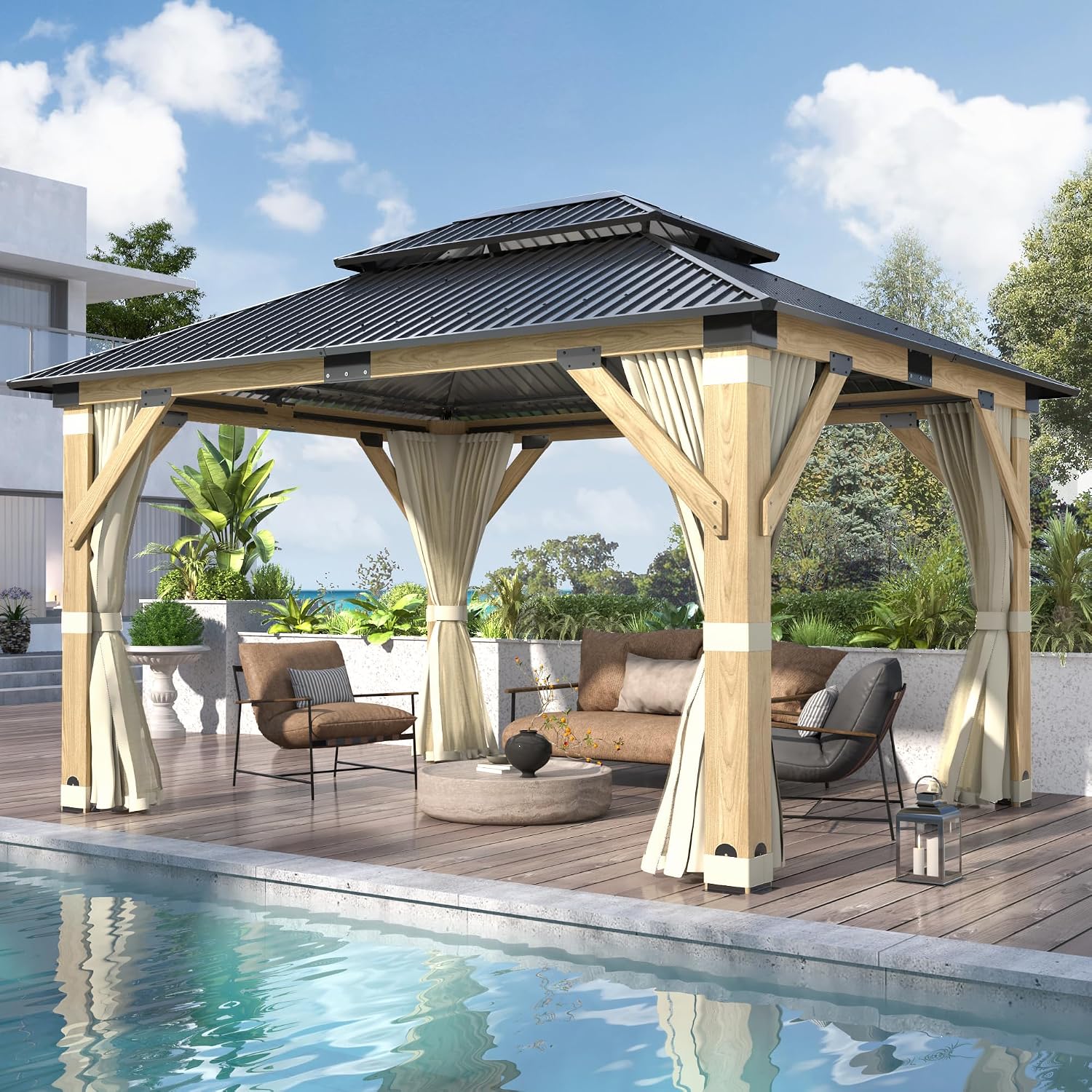 COVERONICS 11FT x 13FT Outdoor Wood Gazebo - Patio Wooden Gazebo with Galvanized Steel Hardtop, Heavy-Duty Double Roof Gazebos with Netting & Curtains for Garden, Poolside, Deck, Backyard