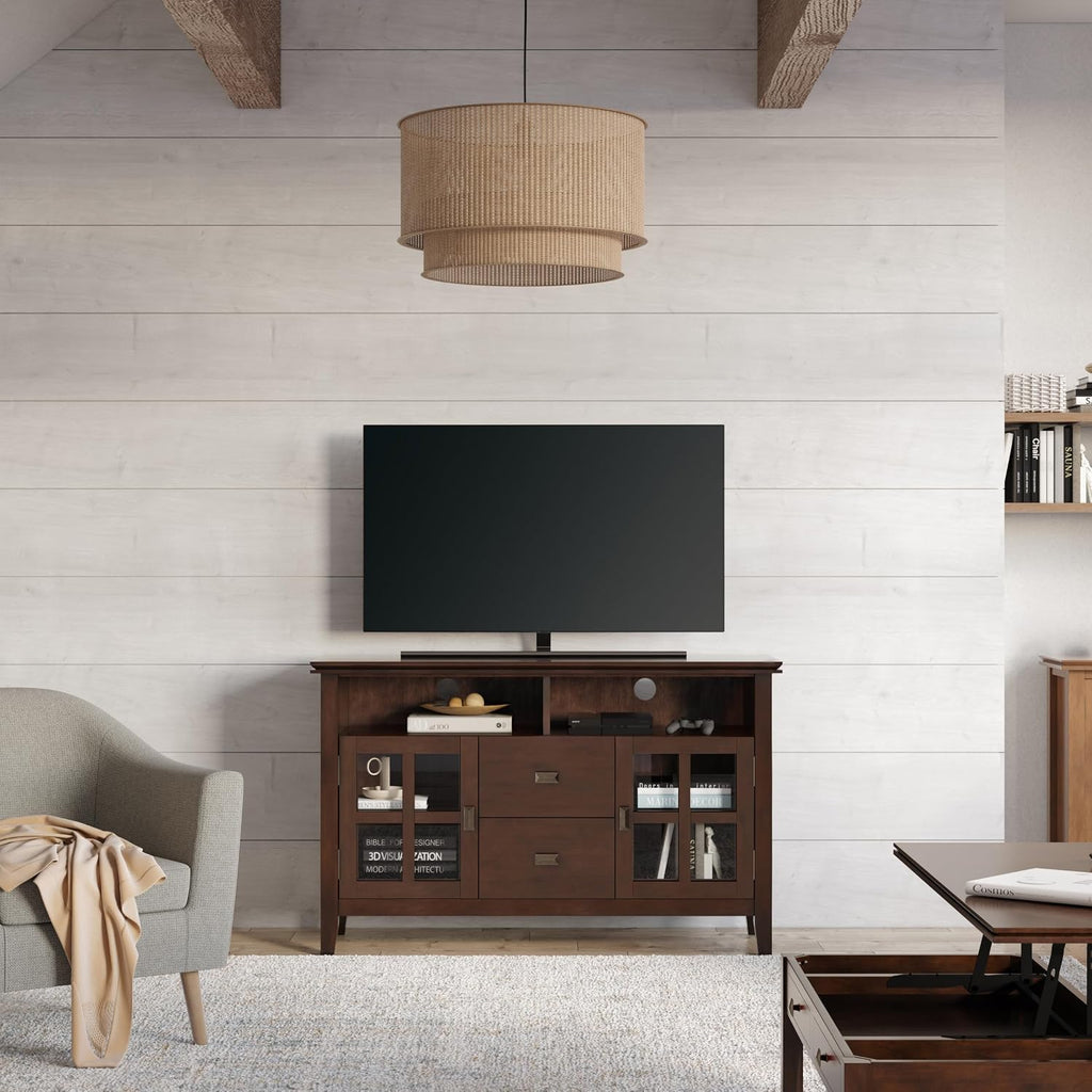 SIMPLIHOME Artisan TV Stand - 48 inch Wide Solid Wood Media Console in Russet Brown, Contemporary Entertainment Center for Living Room for TVs up to 55 Inches with Drawers and Cable Management