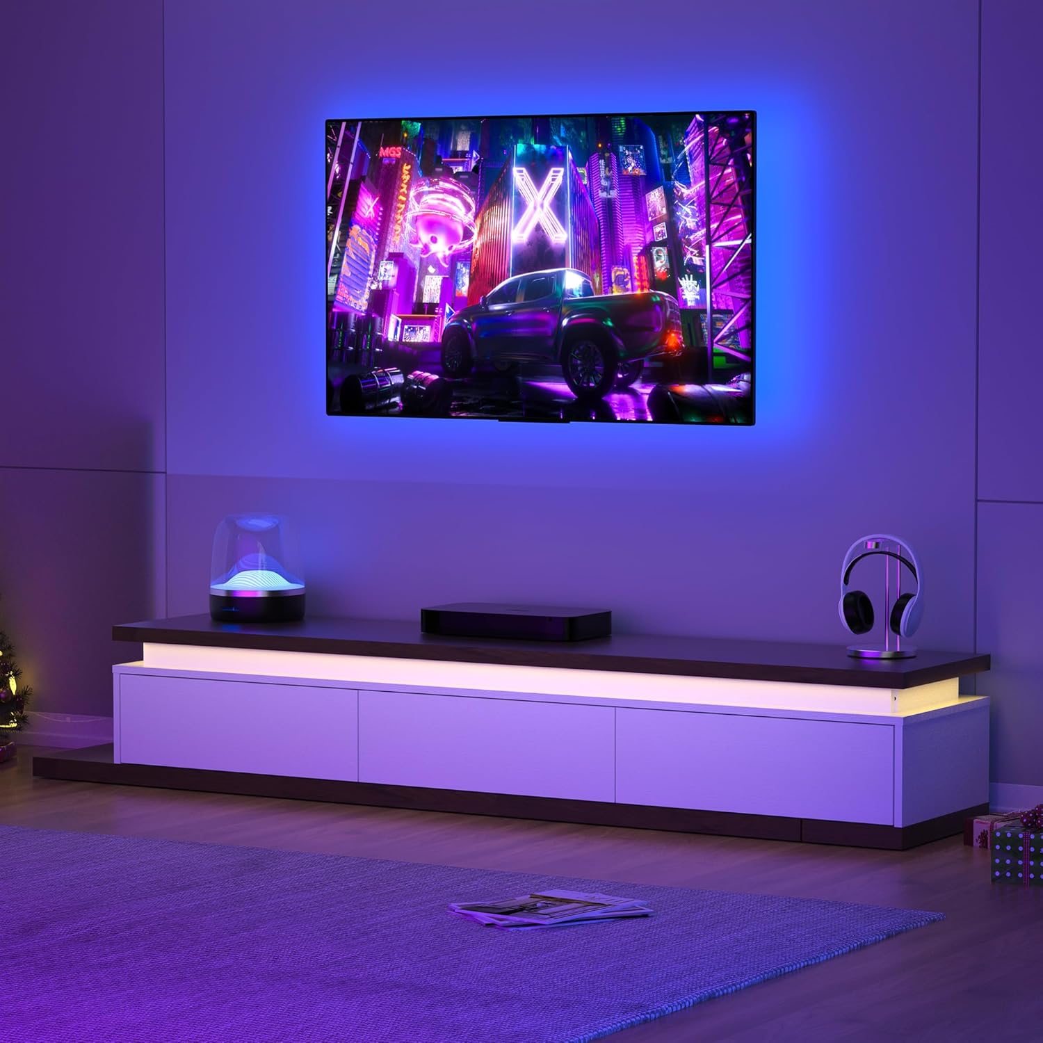 Betterhood Extendable TV Stand with LED Lights (80' - 106'), Wood Entertainment Center for Up to 120' TV, Modern Reversible TV Console with Three Drawers, Living Room, Bedroom (White)