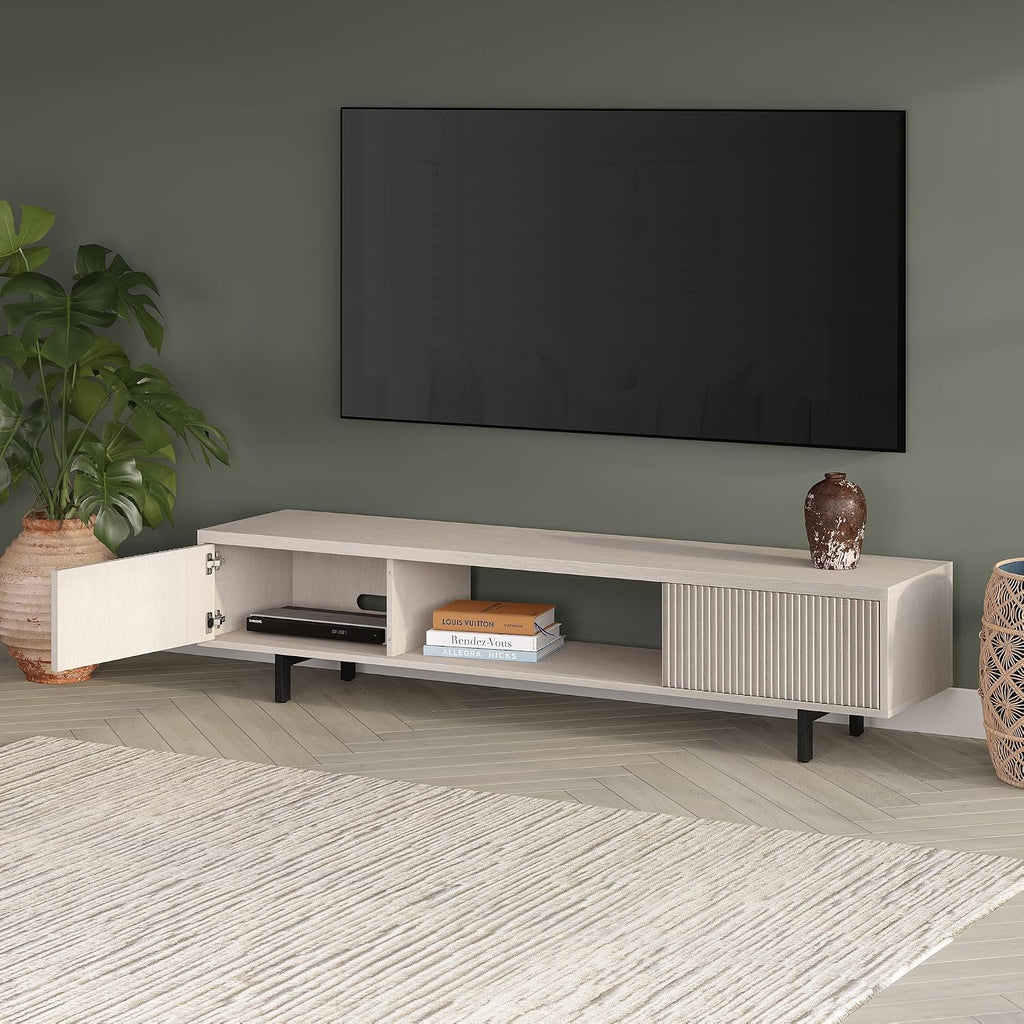Henn&Hart Fluted TV Stand for TVs up to 78' with 2 Ribbed Side Storage Cabinets and Open Center Storage for Living Room, Family Room, or Office, Beech White