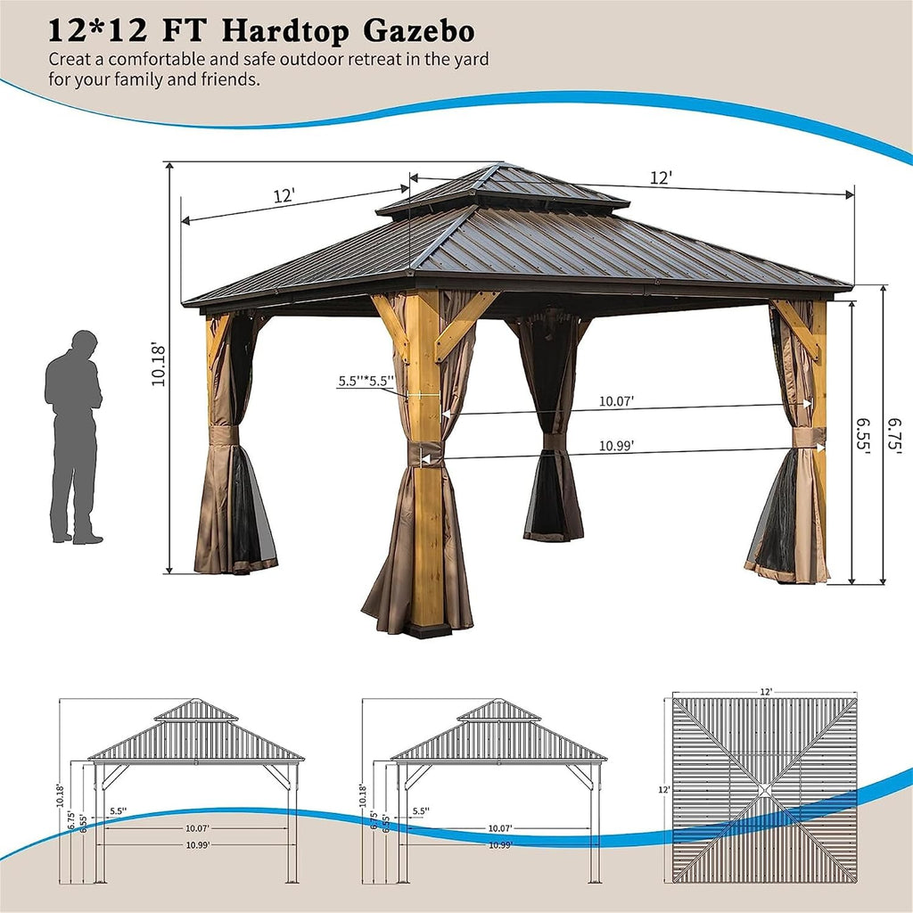 12 x 14FT Cedar Wood Frame Hardtop Gazebo with Galvanized Steel Double Roof, Curtains and Netting, Outdoor Wooden Gazebo Pergola for Patio Lawn Backyard