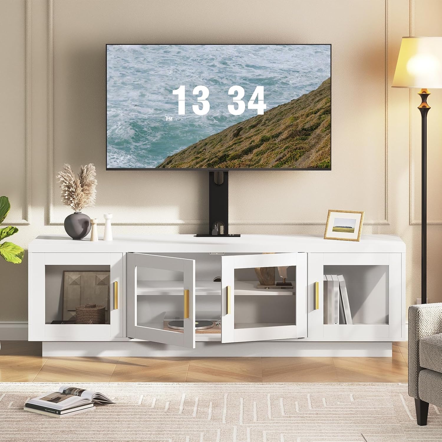 RALGEND TV Stand with Mount and Power Outlet, Swivel TV Stand Mount with LED Lights for 32/45/55/60/65/70/75 inch TVs, Entertainment Center Media Console with Height Adjustable Mount, White and Black