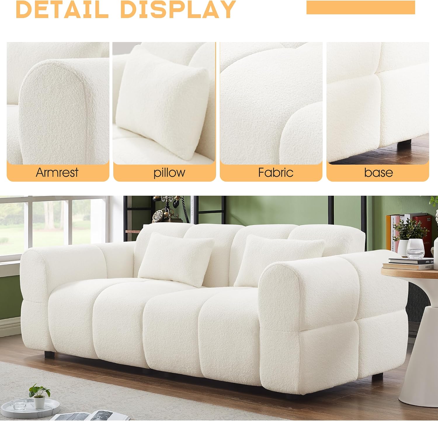80' Modern Sofa Couch, Comfy Deep Seat Teddy Cloud Sofa, Upholstered 3-Seater Boucle Couch, Oversized Loveseat for Living Room, Bedroom, Office, Apartment(White)