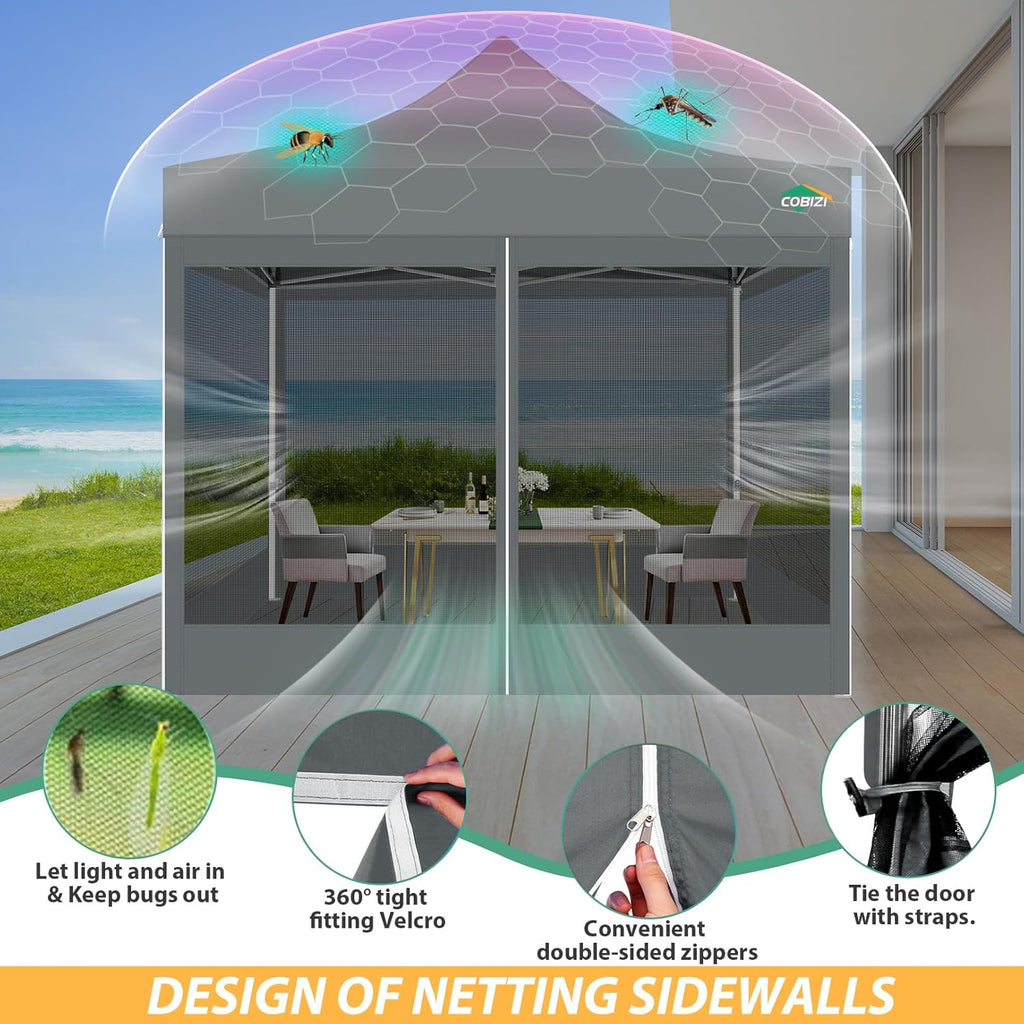 COBIZI 10x10 Canopy Tent with 4 Sidewalls,Heavy Duty Pop up Canopy with Mosquito Netting,Easy up Screen Tent for Parties Wedding Outdoor Camping with Handbag,Gray