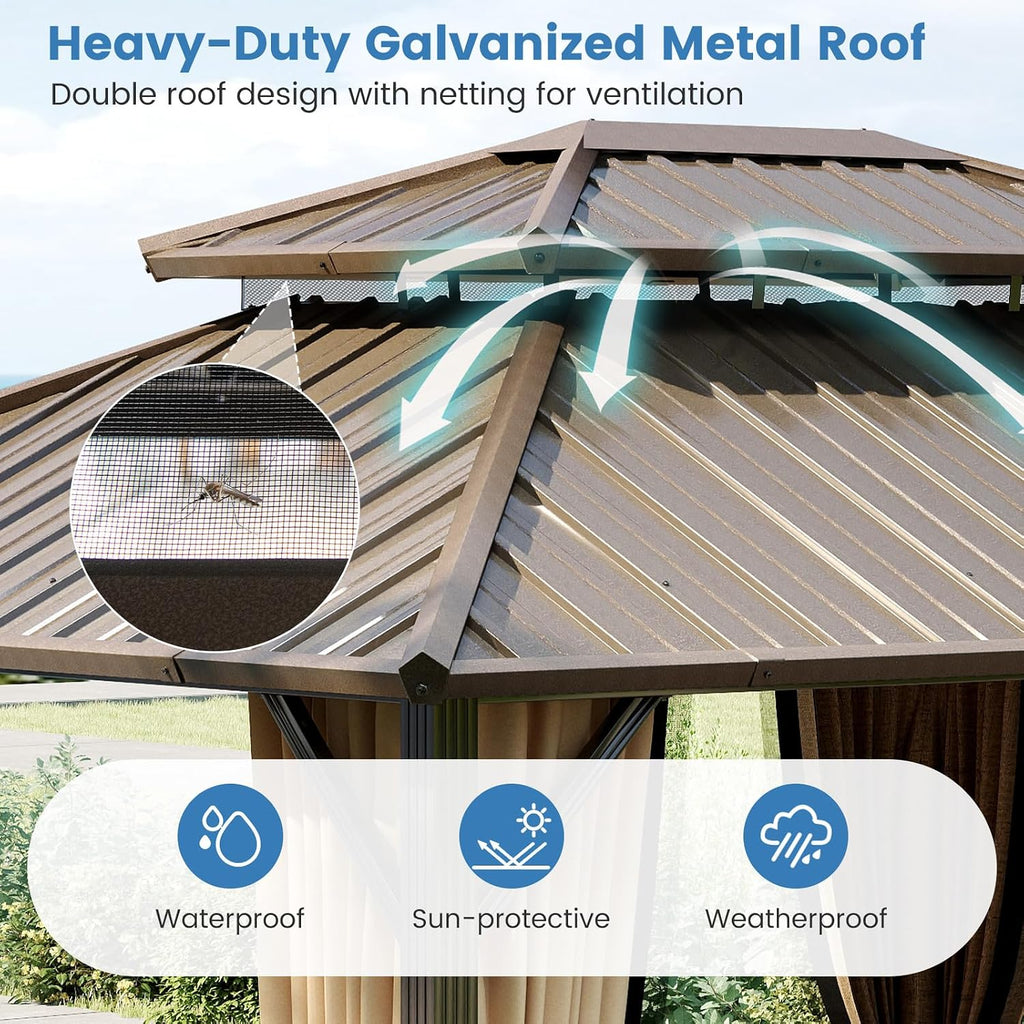 Tangkula 10x12 FT Hardtop Gazebo, Aluminum Frame Permanent Pavilion with Curtains, Netting, Heavy-Duty Double-Tier Galvanized Metal Roof, Outdoor Gazebo for Patios Garden Deck Lawn Backyard