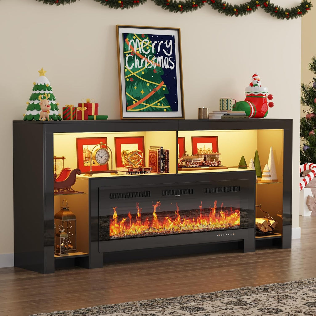 82' Modern High Gloss Fireplace TV Stand with 50' Fireplace, Entertainment Center with Electronic Flame and LED Lights, TV Console Cabinet, Black