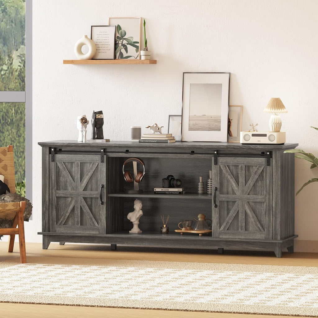 Garvee Home Farmhouse TV Stand for 75 in Television, Wood Entertainment Center with Storage & Barn Doors, Adjustable Shelf Media TV Console Table Cabinet for Living Room, 66 in Large, Oak