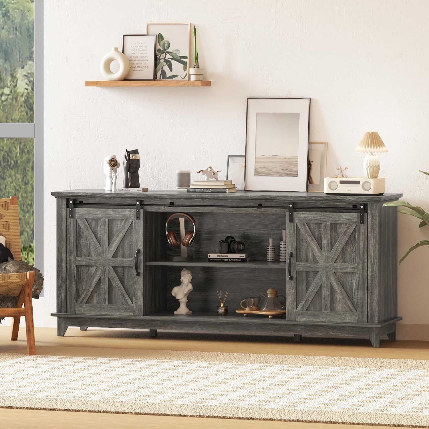 Garvee Home Farmhouse TV Stand for 75 in Television, Wood Entertainment Center with Storage & Barn Doors, Adjustable Shelf Media TV Console Table Cabinet for Living Room, 66 in Large, Oak
