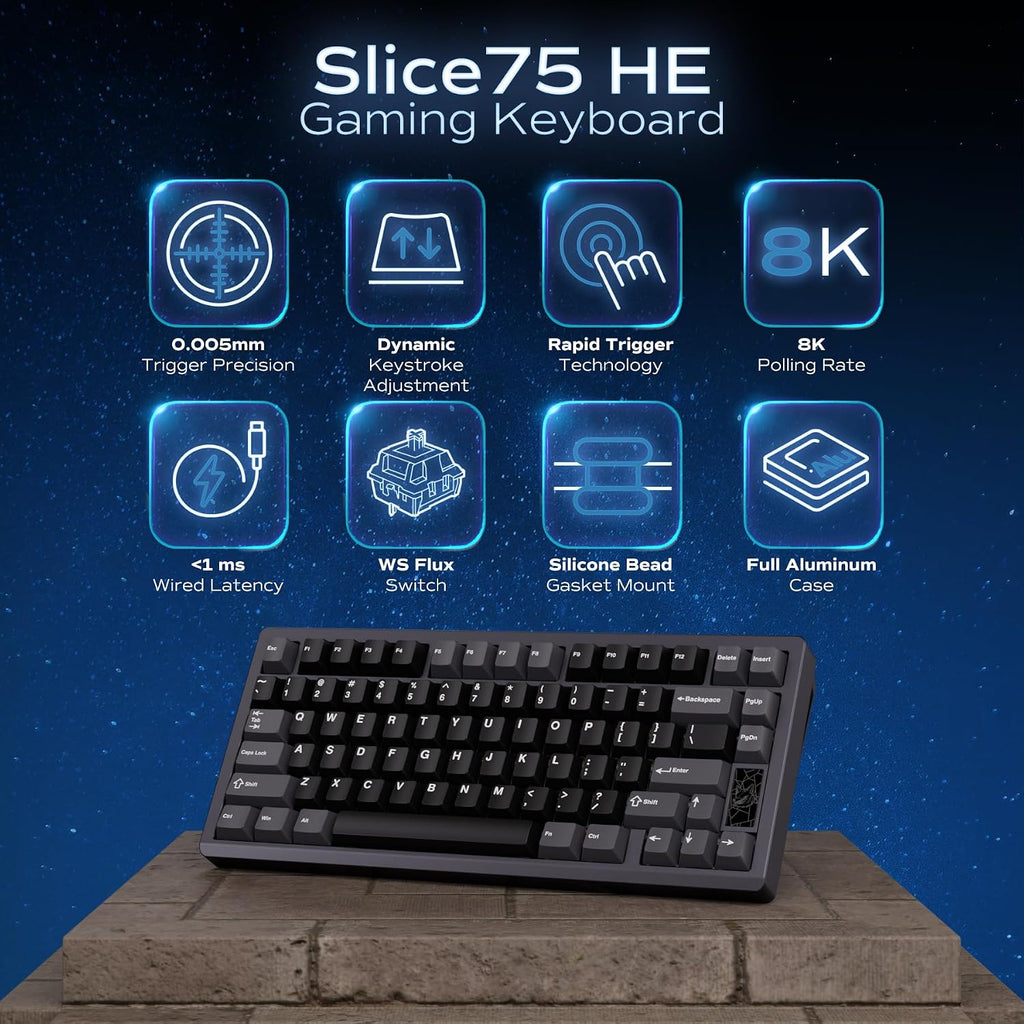Mechanical Keyboard, Chilkey Slice75 HE Gaming Keyboard Wired, 75% Hall Effect Magnetic Aluminum Keyboard with WS Flux HE Clacky Switch, Rapid Trigger, 8K Polling, Per-Key RGB Custom, PC/Mac Support