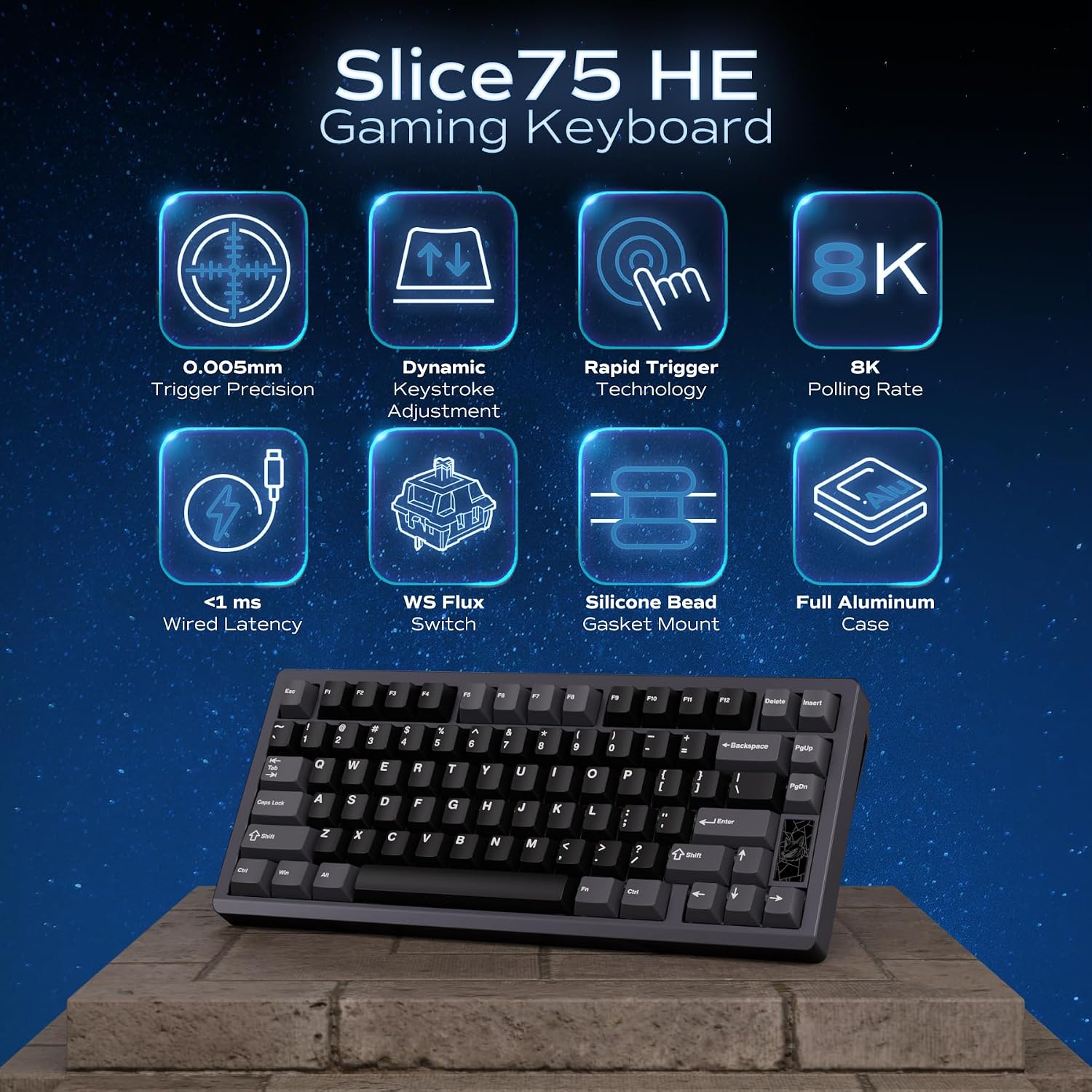 Mechanical Keyboard, Chilkey Slice75 HE Gaming Keyboard Wired, 75% Hall Effect Magnetic Aluminum Keyboard with WS Flux HE Clacky Switch, Rapid Trigger, 8K Polling, Per-Key RGB Custom, PC/Mac Support