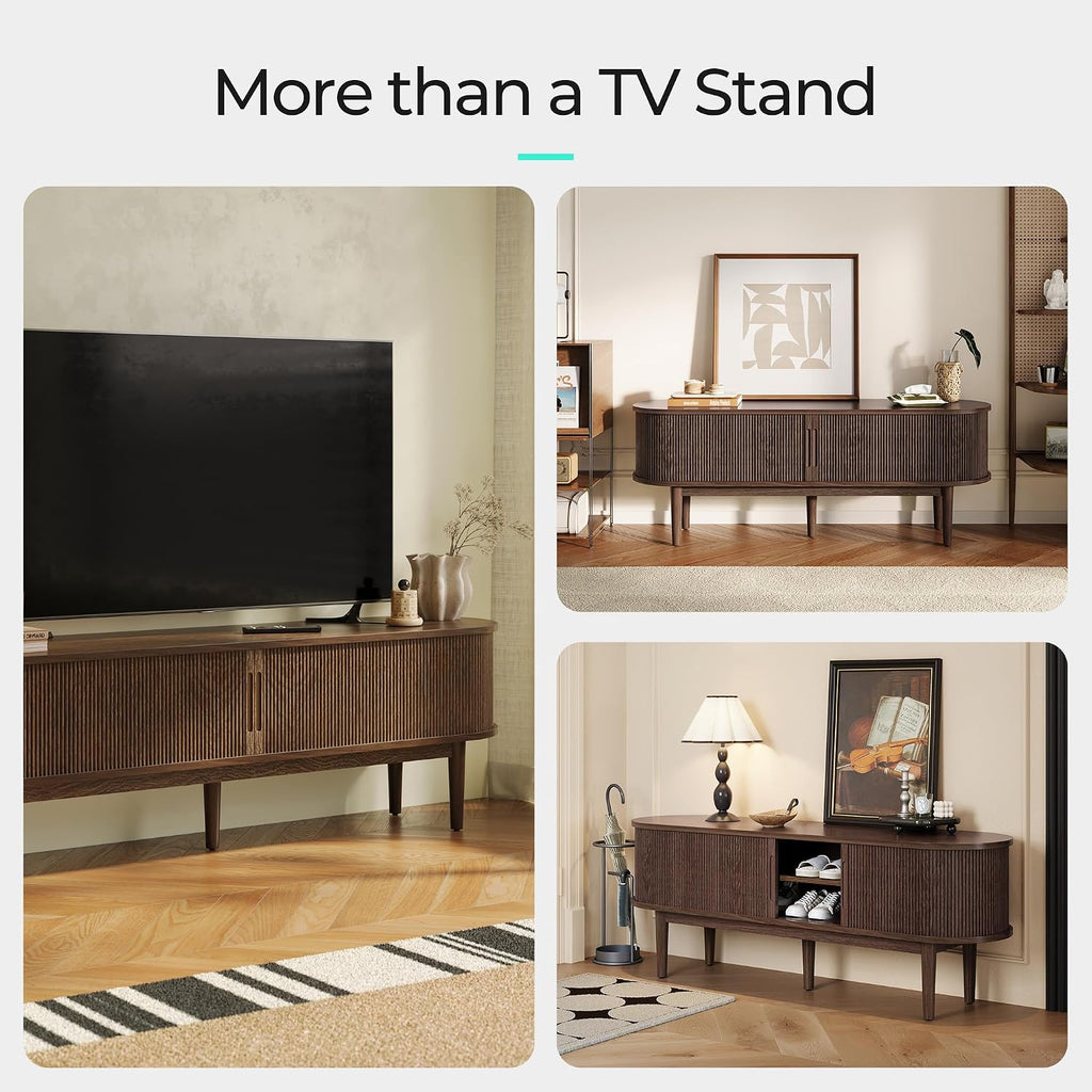 LINSY Home TV Stand for 65' TV, Mid-Century Modern 58' Entertainment Center with Sliding Tambour Door and Storage Cabinet, Cruved TV Media Console Table for Living Room, Bedroom, Walnut