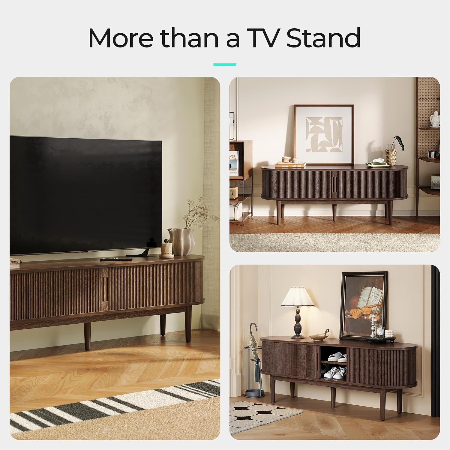 LINSY Home TV Stand for 65' TV, Mid-Century Modern 58' Entertainment Center with Sliding Tambour Door and Storage Cabinet, Cruved TV Media Console Table for Living Room, Bedroom, Walnut