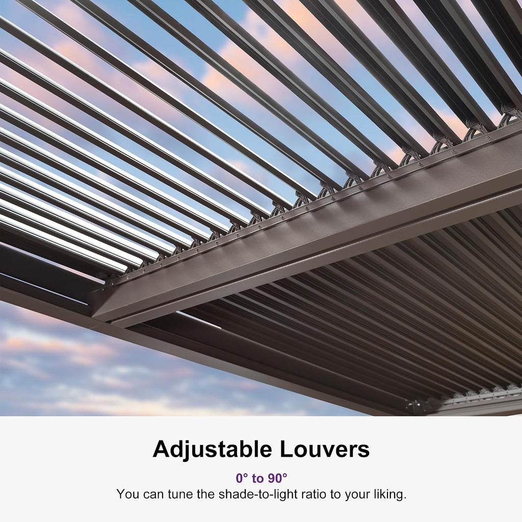 PURPLE LEAF Outdoor 10' × 14' Louvered Pergola with 14FT Detachable Louver Wall Patio Adjustable Aluminum Canopy Retractable Metal Roof for Deck Outside Backyard Hardtop Gazebo Sun Shade Bronze