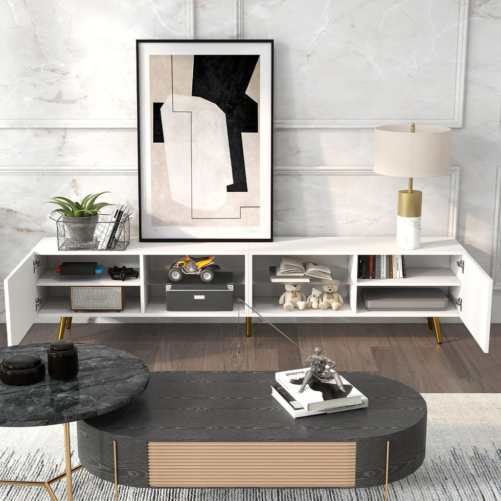 Bonzy Home 86' LED TV Stand, Modern Entertainment Center up to 75' 80' 85' TV, Television Console Table with Storage Cabinets for Living Room, White