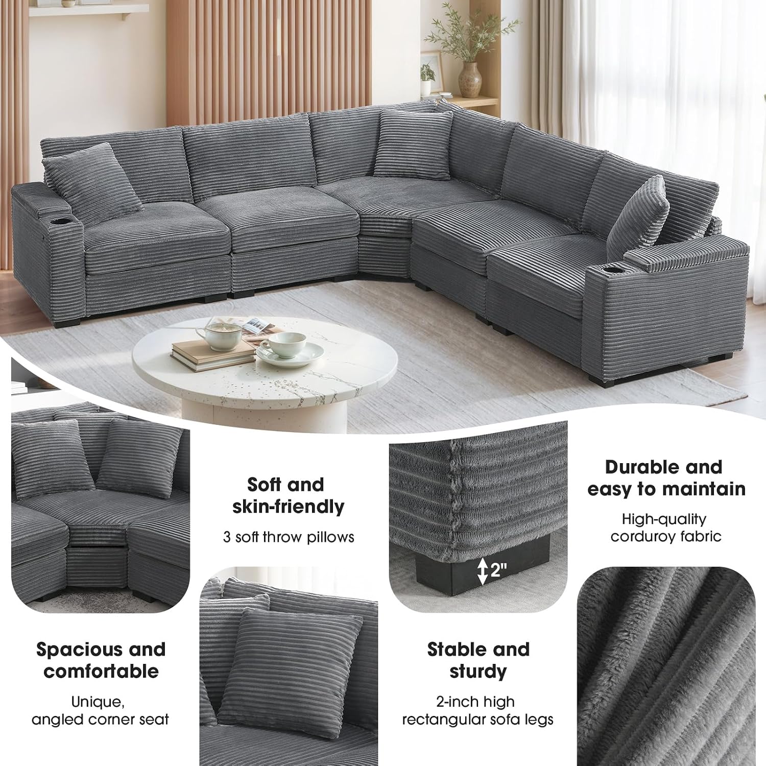 106'' Modular Sectional Sofa Couch, 5-Seater Oversized L-Shaped Corner Couch Set with USB Charger, Armrest Storage and Cup Holders, Corduroy Sectional Couches for Living Room (Gray)