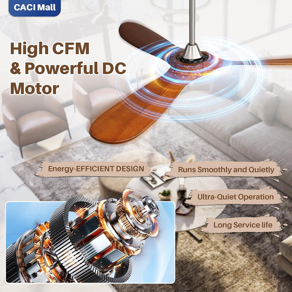CACI Mall 60' Ceiling Fan no Light, Outdoor Ceiling Fans for Patios Without Lights, Remote Control, Solid Wood 3 Blades, Quiet, Indoor Ceiling Fan for Living Room, Patio, Bedroom, Porch, Farmhouse