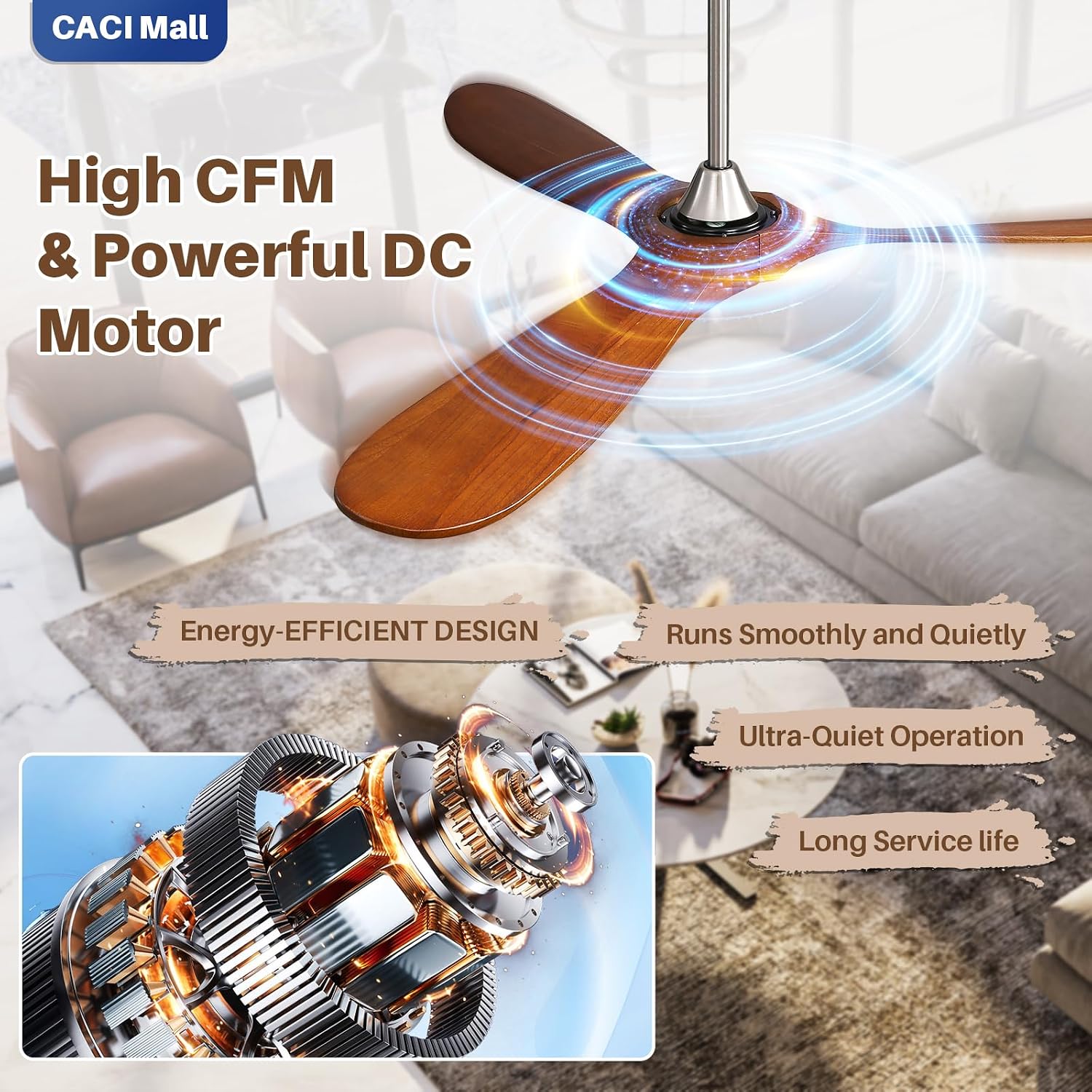 CACI Mall 60' Ceiling Fan no Light, Outdoor Ceiling Fans for Patios Without Lights, Remote Control, Solid Wood 3 Blades, Quiet, Indoor Ceiling Fan for Living Room, Patio, Bedroom, Porch, Farmhouse