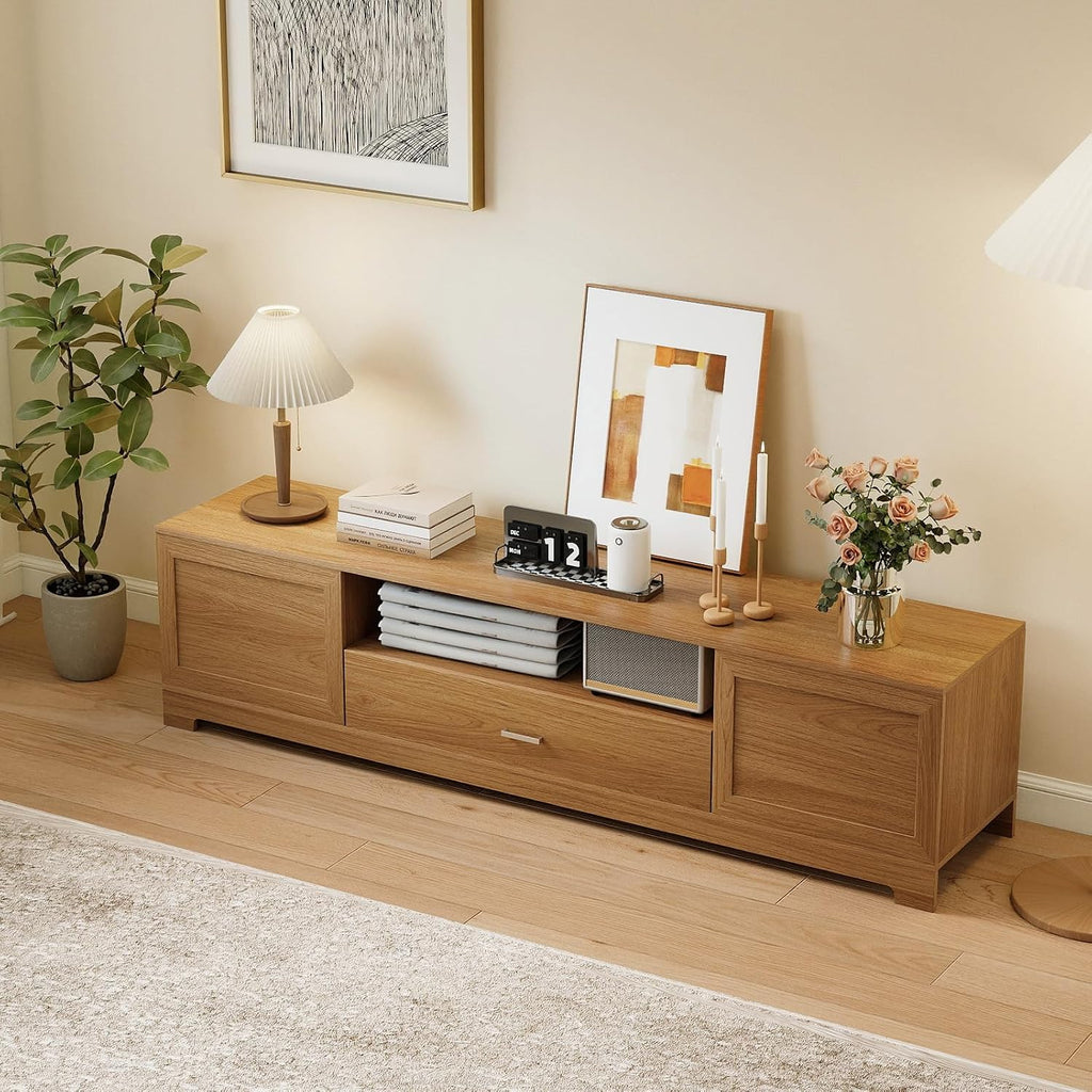 Giantex TV Stand for 60-80 Inch TV, Farmhouse Modern Entertainment Center with Storage Cabinets, Drawer & Cable Hole, Wooden Media TV Console Table for Living Room, Bedroom