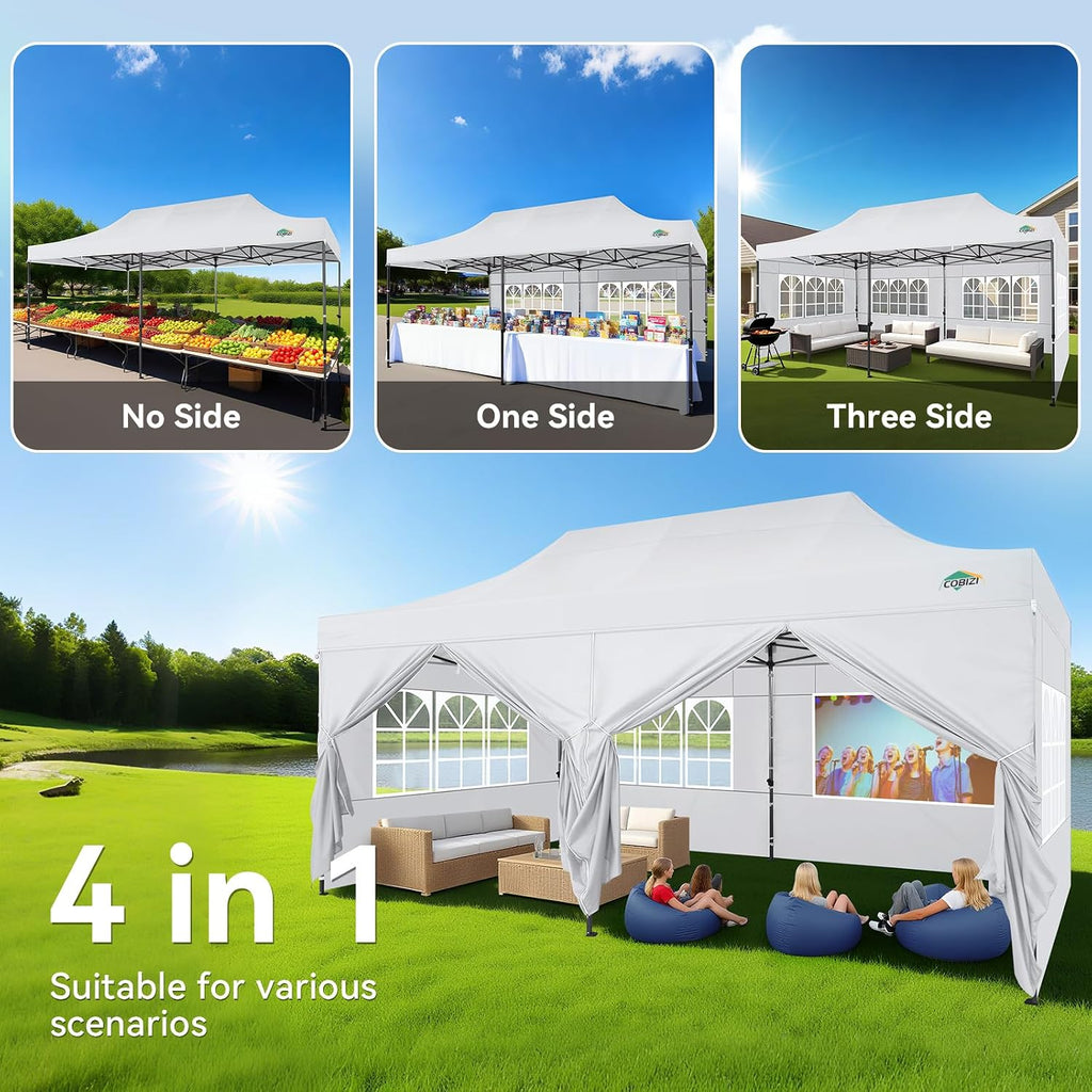 COBIZI 10x20 Heavy Duty Pop Up Canopy Tent with 6 Sidewalls Thicken Frame, Commercial Easy Up Outdoor Wedding Party Tents, All Season Waterproof Windproof with Stakes Sandbags Ropes Roller Bag, White