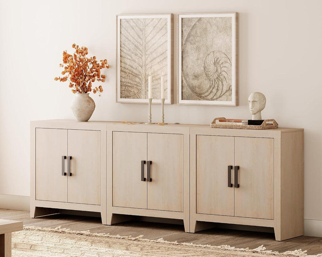 WAMPAT Farmhouse TV Stand for TVs up to 85 Inch, Rustic Wood Entertainment Center & Media Console with 6 Storage Doors, Accent Cabinet for Living Room, Hallway, Beige