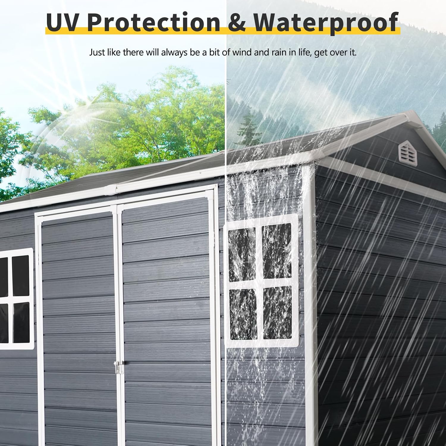 8x6 ft Outdoor Resin Storage Shed with Floor, Waterproof Plastic Tool Shed with Lockable Door and Two Windows, All-Weather Tool Sheds for Backyard, Patio, Lawn, Garden (Black, 8 x6 ft)