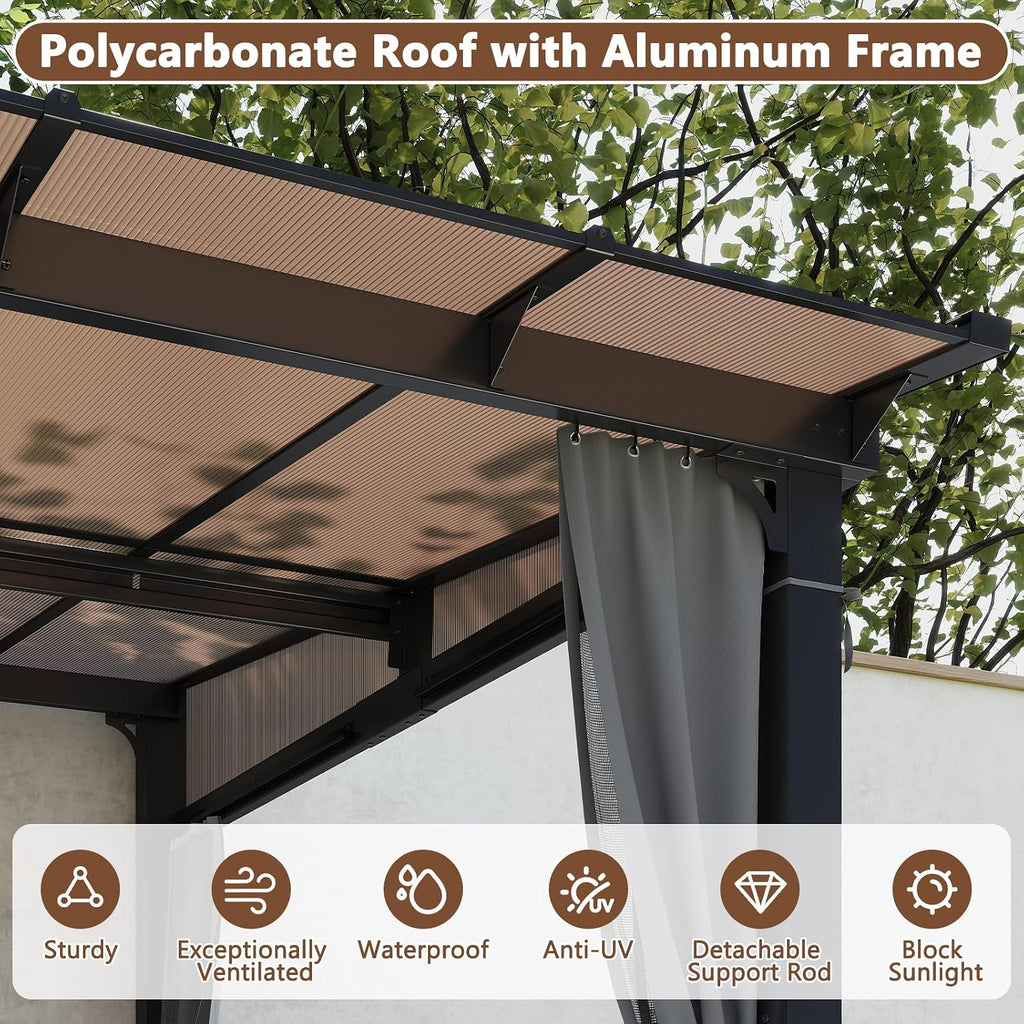 10'x13' Gazebo, Wall Mounted Gazebo Pergola with Aluminum Frame, Curtains and Netting for Patio,Decks, Garden and Lawn