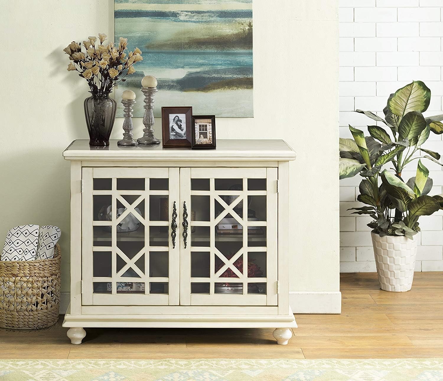 Martin Svensson Home Elegant Small Spaces Accent Cabinet with Glass Doors, Vintage Sideboard or Small TV Stand for Living Room or Entryway. Antique Cream White.