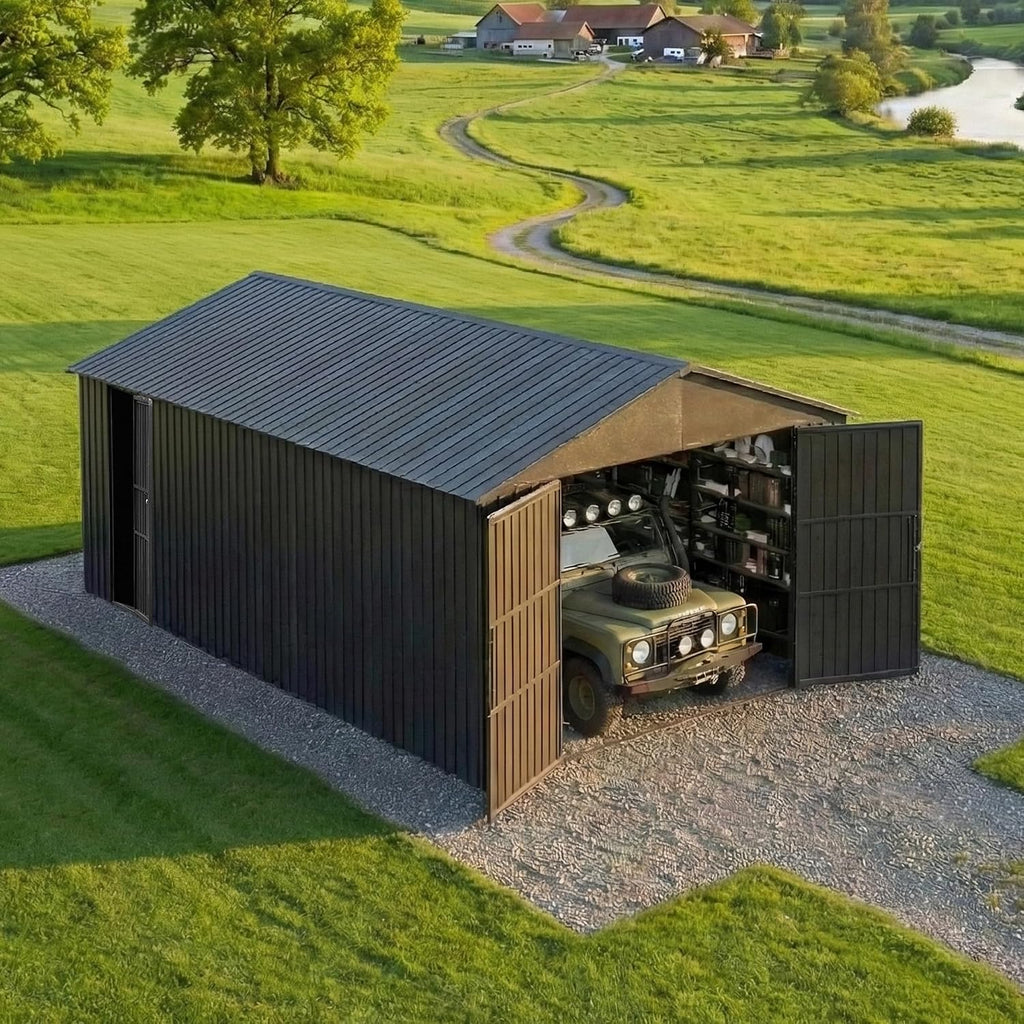 Domi 12x15FT Outdoor Metal Garage Shed, Extra Large Metal Carport with Lockable Double Hinged Doors, Heavy Duty Car Shelter for Car, Truck, Motorcycle and Lawn Equipment, Dark Grey