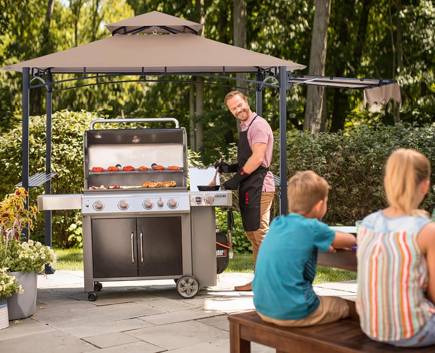 ABCCANOPY Grill Gazebo with Extra Awning - 11x5 Outdoor BBQ Canopy Shelter with 2 Led Lights for Patio Backyard Grilling (Khaki)