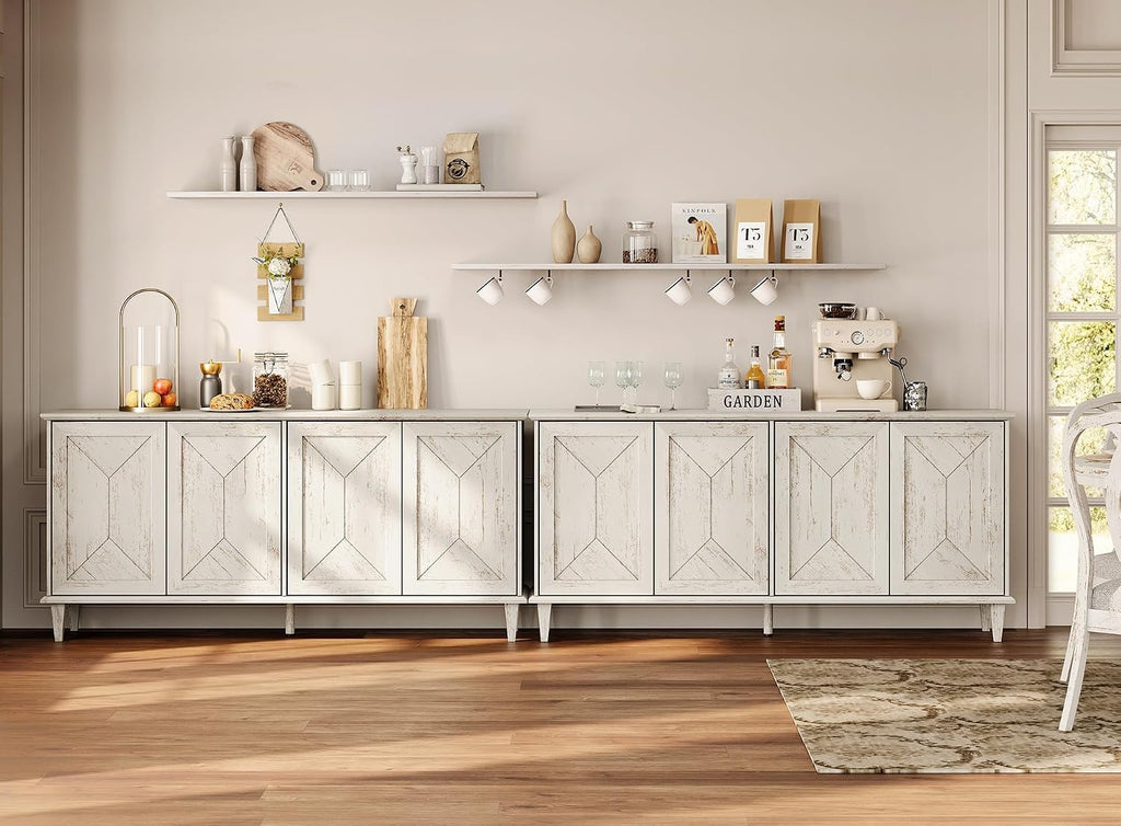 WAMPAT 130' Large Double Unit Entertainment Center TV Stand, Modern Farmhouse Console with Handcrafted Patchwork Doors, Massive Storage with Adjustable Shelves & Cable Management,Pale Oak