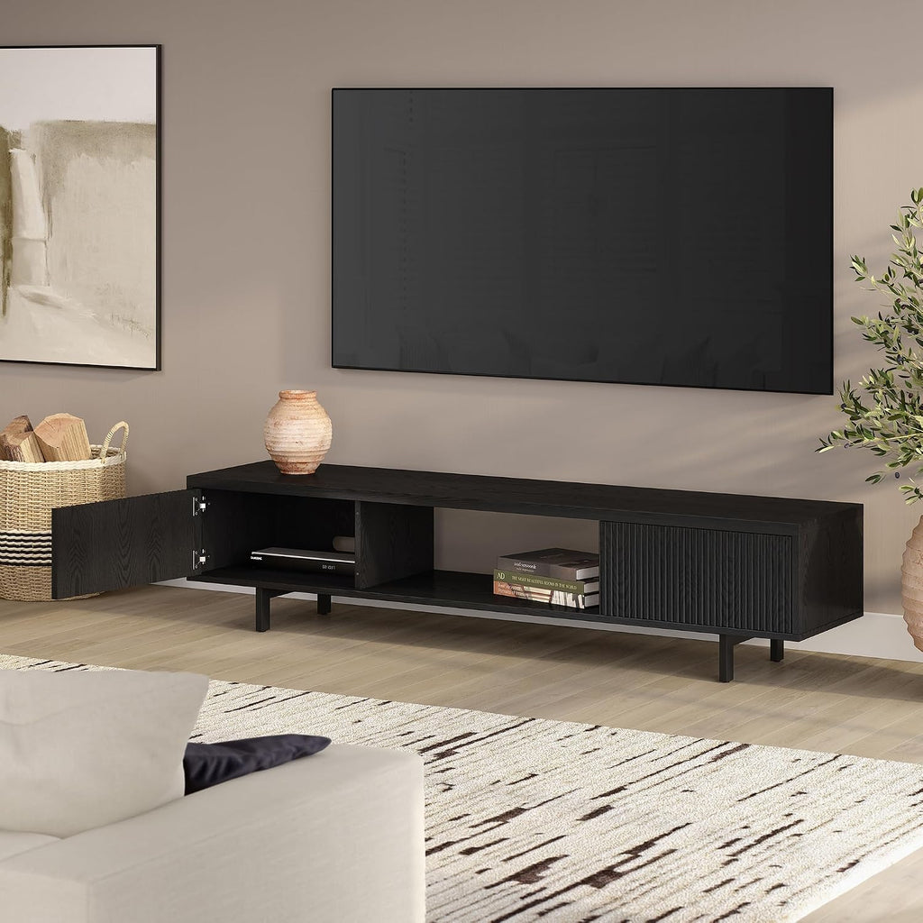 Henn&Hart Fluted TV Stand for TVs up to 78' with 2 Ribbed Side Storage Cabinets and Open Center Storage for Living Room, Family Room, or Office, Natural Black