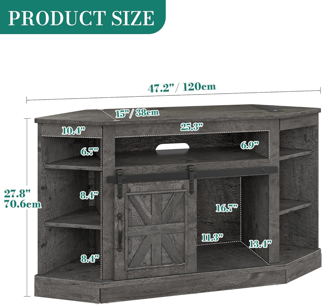 YITAHOME Corner TV Stand for 50 Inch TV, Farmhouse Entertainment Center with Storage & Power Outlet, TV Console Cabinet and Sliding Barn Door for Living Room, Carbon Gray