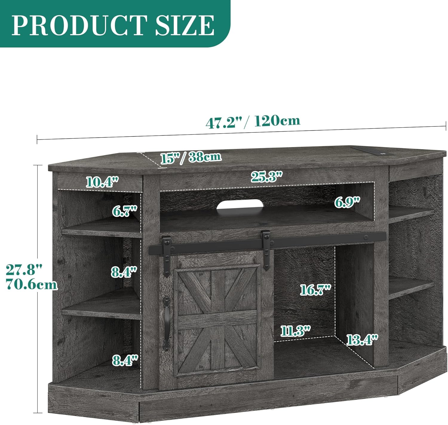 YITAHOME Corner TV Stand for 50 Inch TV, Farmhouse Entertainment Center with Storage & Power Outlet, TV Console Cabinet and Sliding Barn Door for Living Room, Carbon Gray