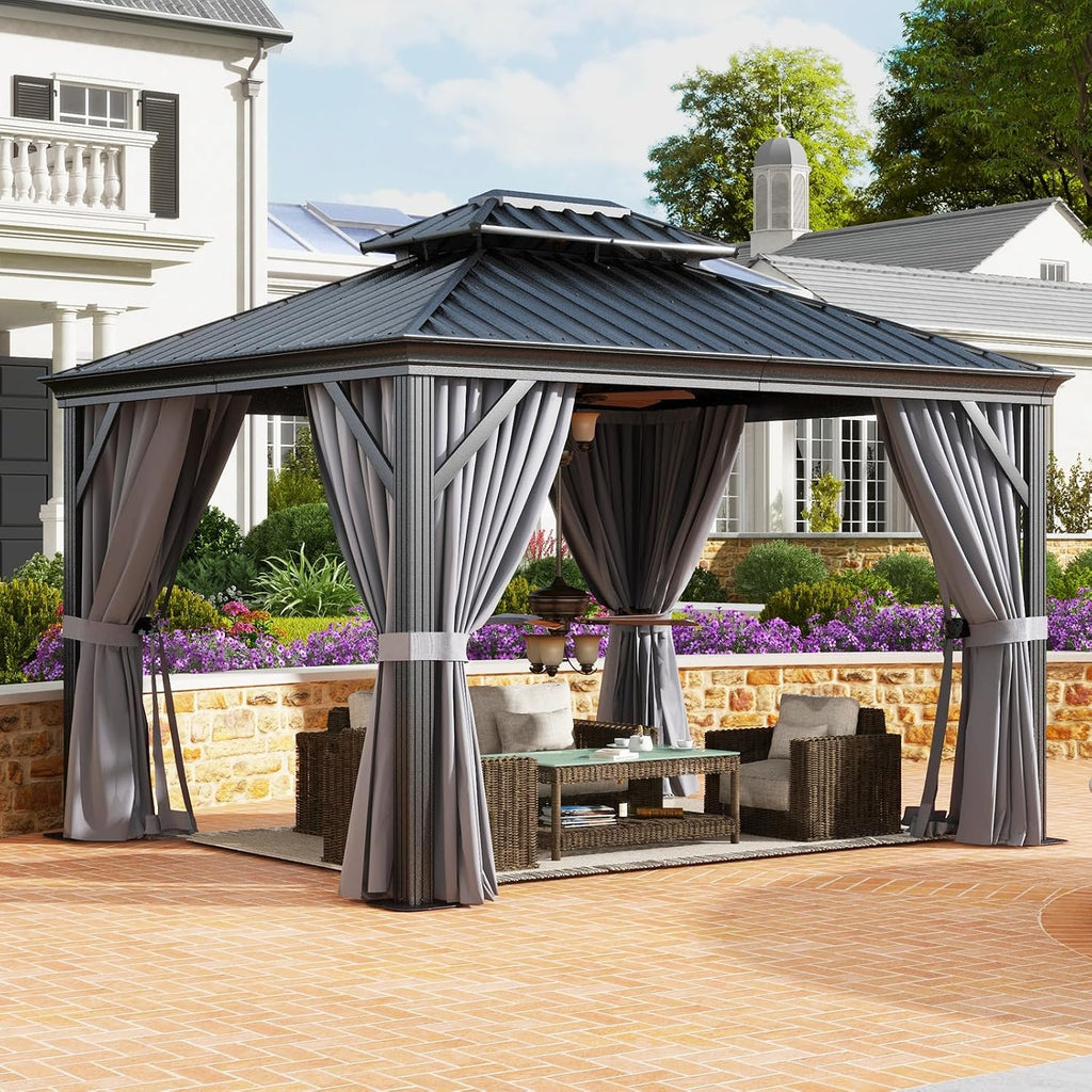 oneinmil 10' x 12' Hardtop Gazebo, Galvanized Steel Double Roof, Aluminum Frame Outdoor Metal Gazebo with Privacy Curtains and Mosquito Netting, for Gardens, Patios, and Lawns