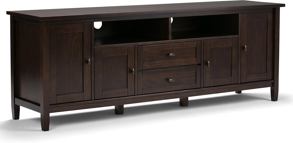 SIMPLIHOME Warm Shaker TV Stand - 72 inch Wide Solid Wood Media Console in Tobacco Brown, Transitional Entertainment Center for Living Room for TVs up to 80 Inches with Cabinets and Cable Management