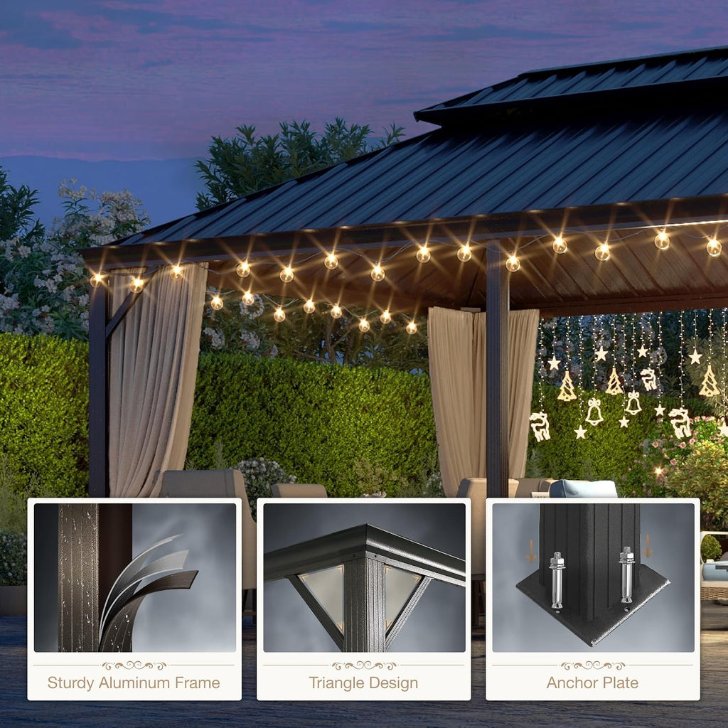 12'x18' Hardtop Aluminum Gazebo, Permanent Outdoor Canopy with Galvanized Steel Double Roof Heavy Duty Pavilion with Curtains and Netting for Garden Patio Lawn Deck