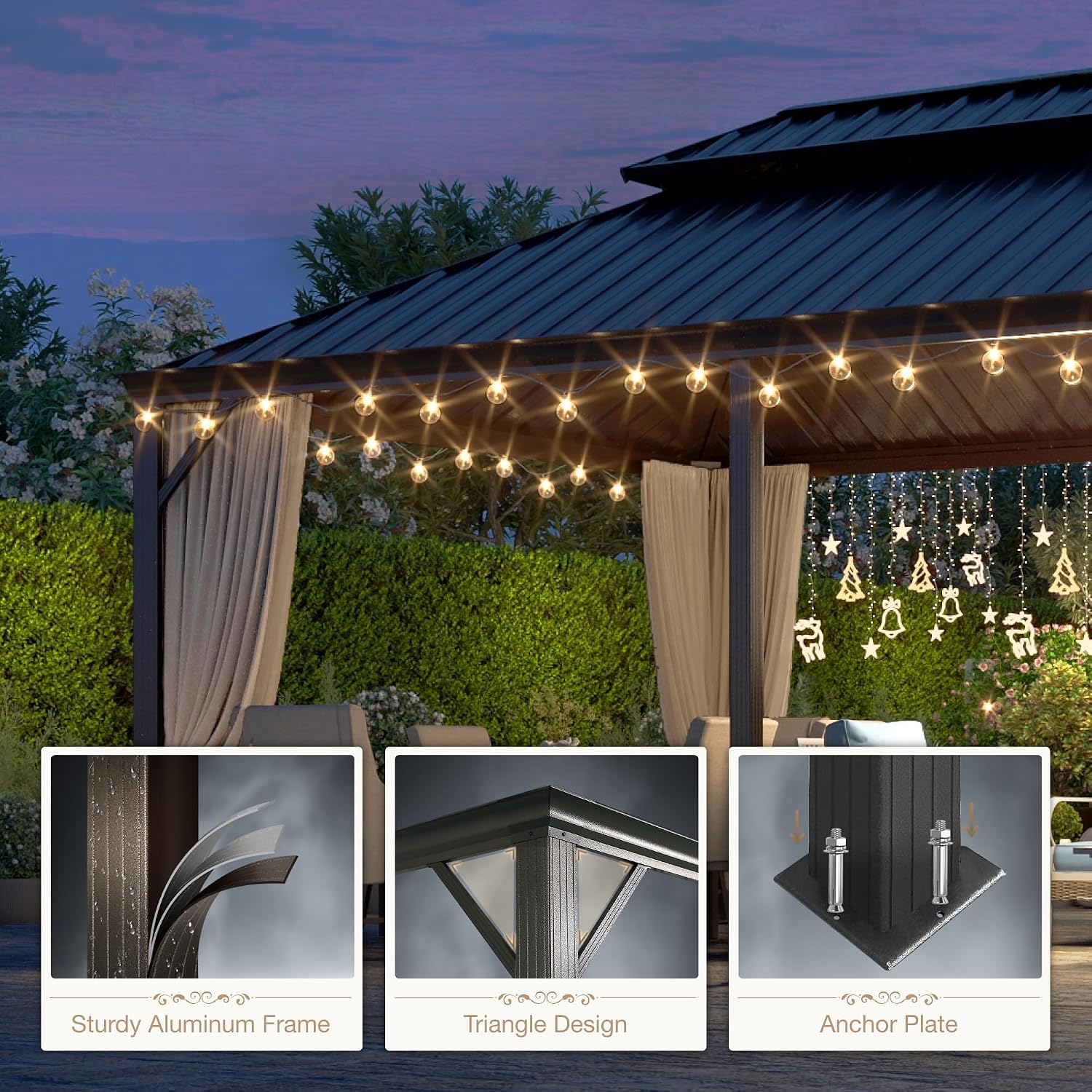 12'x18' Hardtop Aluminum Gazebo, Permanent Outdoor Canopy with Galvanized Steel Double Roof Heavy Duty Pavilion with Curtains and Netting for Garden Patio Lawn Deck