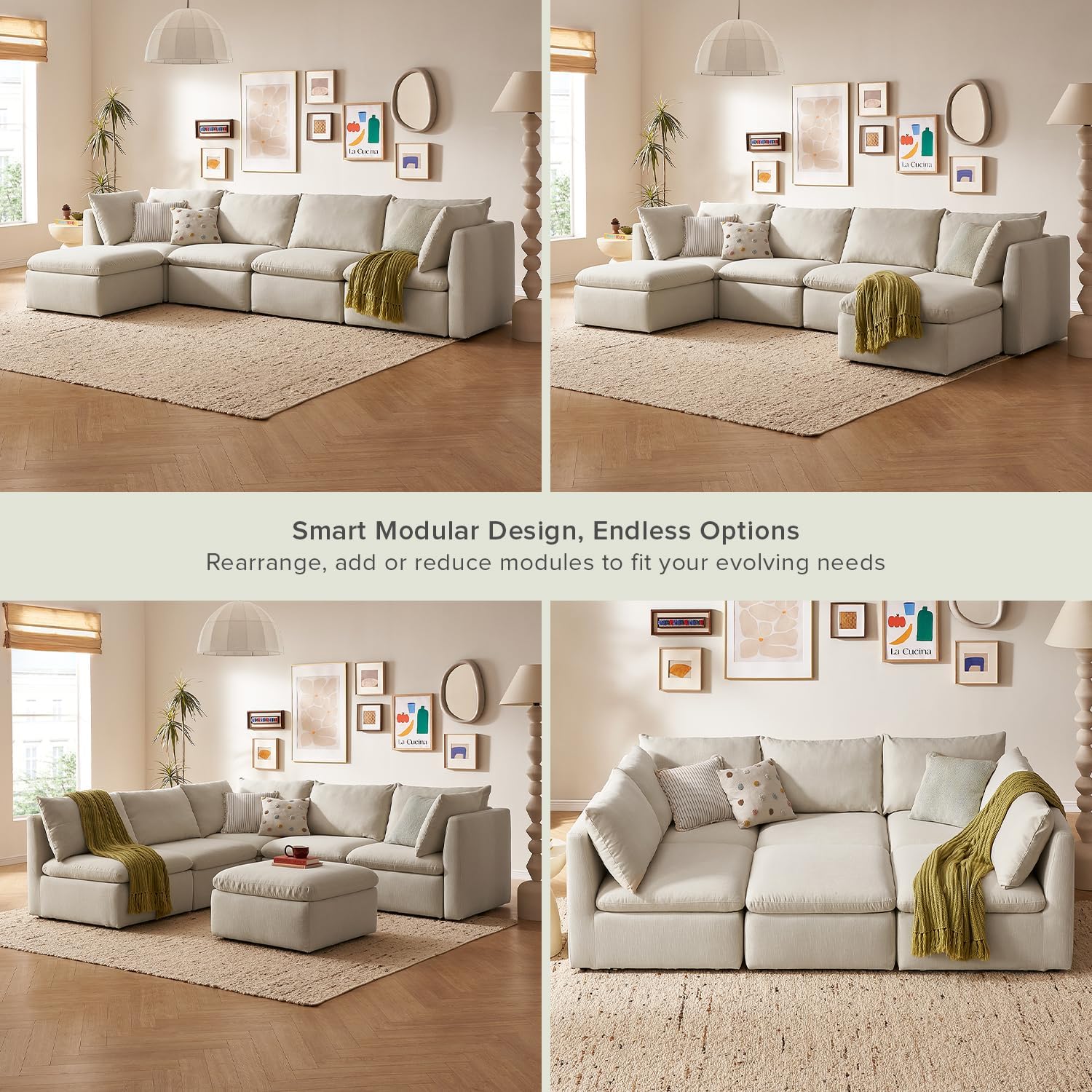 mopio Oversized Modular Sectional Sofa with Fully Removable Covers and Storage, Convertible U, L-Shaped and Sleeper Sectional, Modern Couches with Ottoman Chaise (Oat Fabric, 5 Seats, L)