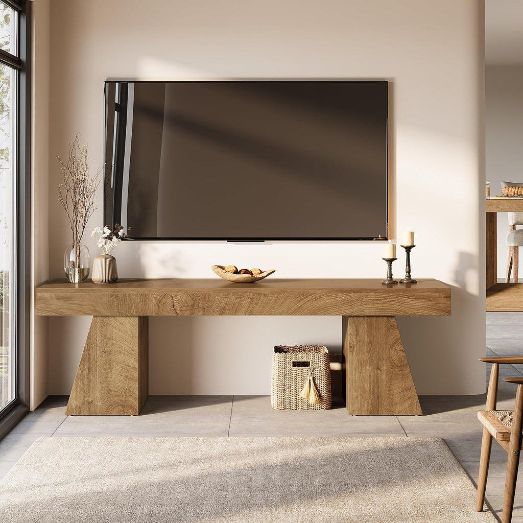 Tribesigns 63' TV Stand for 55/60/65/75-Inch TVs, Farmhouse Entertainment Center with Double Geometric Pedestal, Media Console Television Stands for Living Room, Bedroom, Natural