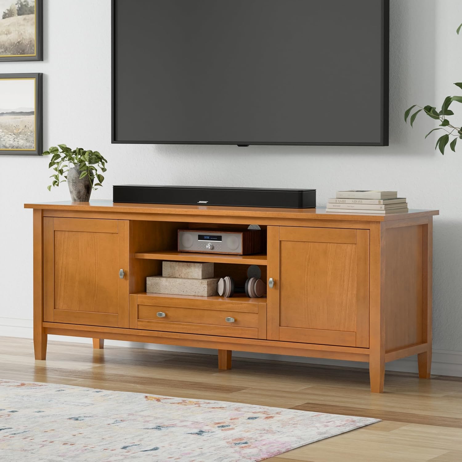SIMPLIHOME Warm Shaker TV Stand - 60 inch Wide Solid Wood Media Console in Light Golden Brown, Transitional Entertainment Center for Living Room for TVs up to 65 Inches with Cable Management
