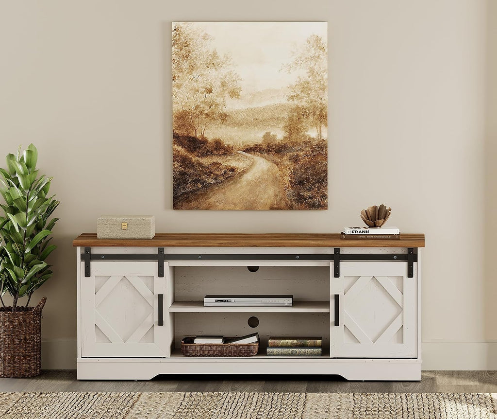 WAMPAT Modern Farmhouse TV Stand for TVs up to 65' with Sliding Barn Doors, 23.6' H Wood Entertainment Center with Adjustable Media Storage Shelf for Living Room, Antique White