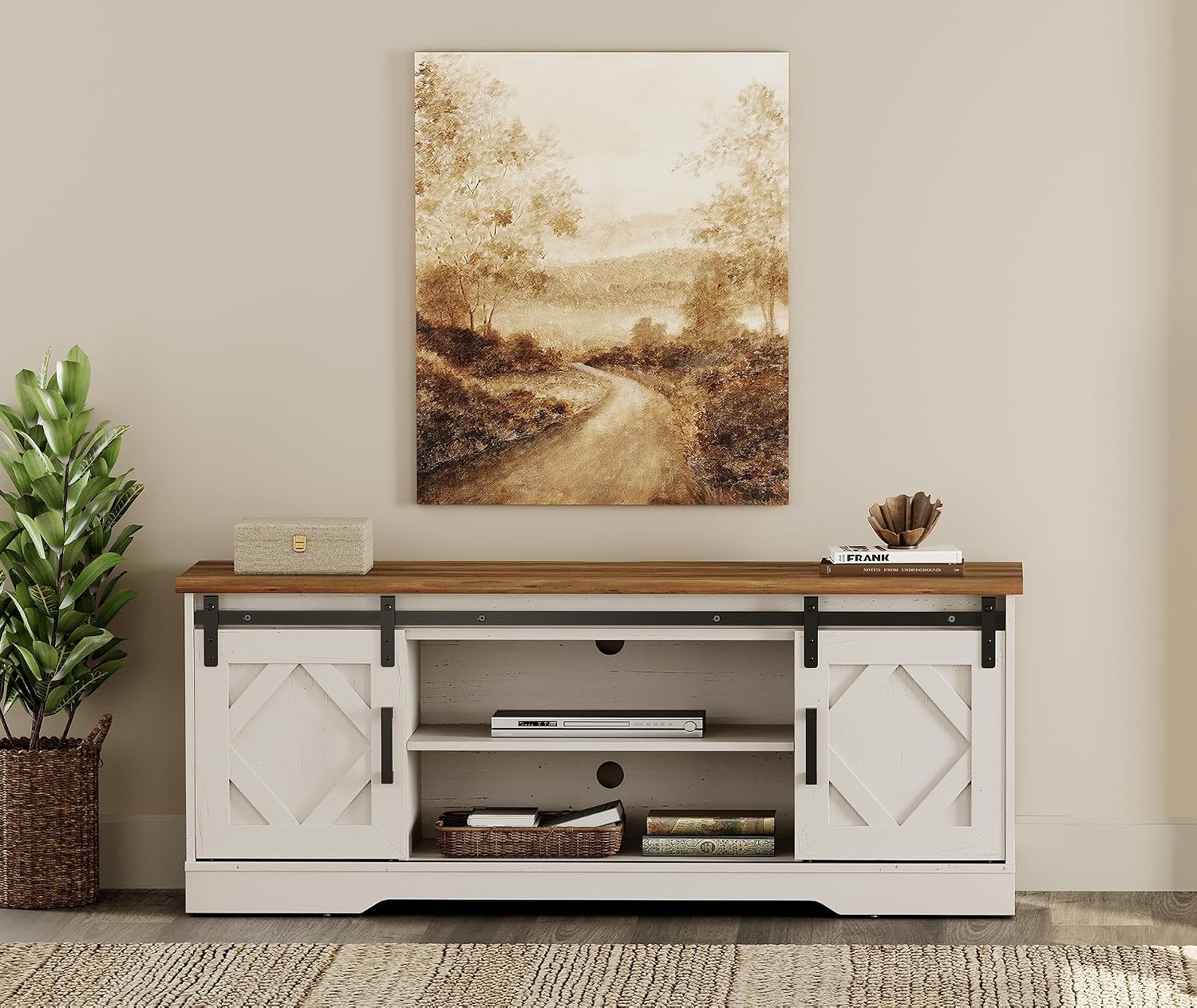 WAMPAT Modern Farmhouse TV Stand for TVs up to 65' with Sliding Barn Doors, 23.6' H Wood Entertainment Center with Adjustable Media Storage Shelf for Living Room, Antique White