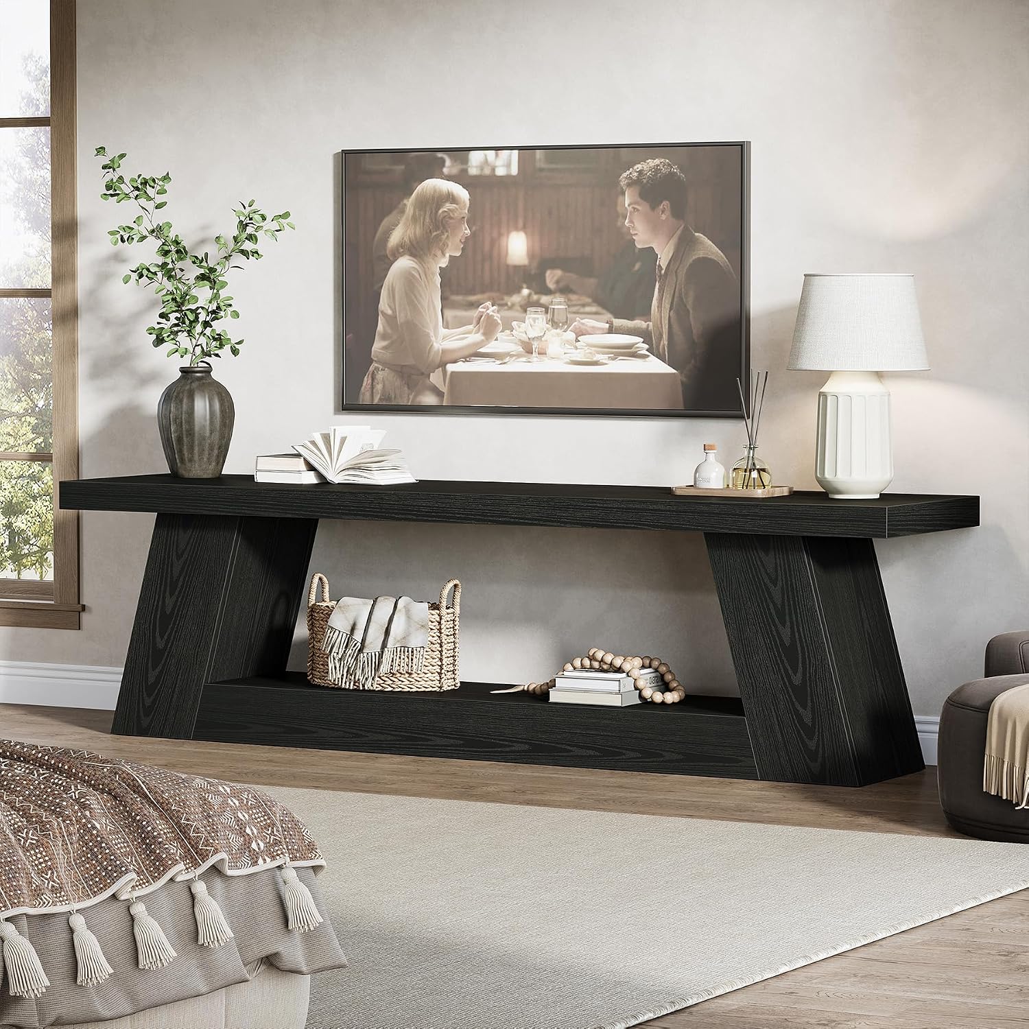 Tribesigns 63' TV Stand for 55/60/65/75-Inch TVs, Rustic Extra Long Media TV Console with Storage Shelve, Entertainment Center Television Stand for Living Room, Bedroom (Black)