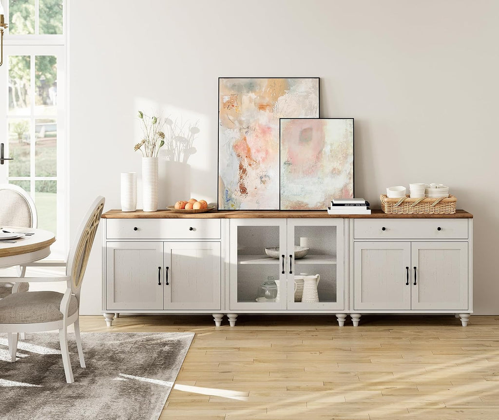 WAMPAT Farmhouse TV Stand for 100 Inch TV, 3-in-1 Wooden TV Console Table for 75/80/85/90 Inch TV, Entertainment Center with Glass Door, Kitchen Sideboard Buffet Cabinet for Dining Room, Off White