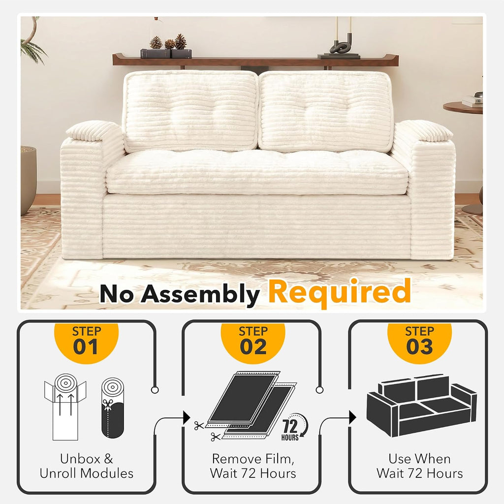 Boneless Loveseat, 2 Seater Deep Seat Loveseat Sofa with Wide‑Wale Corduroy for Small Spaces & Living Room, 60' Width, No Assembly, Washable Cover, Beige