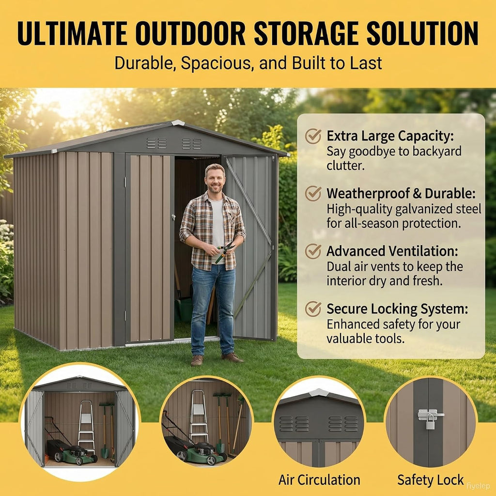 8x6 FT Outdoor Storage Shed, Galvanized Tool Shed, Metal Garden Shed with Apex Roof & Lockable Door & 2 Gloves, Waterproof Rust-Resistant for Backyard Garden Lawn Patio, Brown