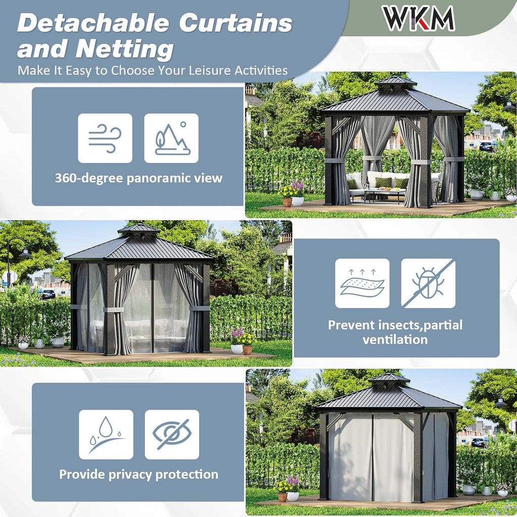 WKM 8x8 FT Hardtop Gazebo, Permanent Aluminum Gazebo with Galvanized Steel Double Roof, Outdoor Patio Pergola with Curtains and Breathable Netting for Garden, Lawn, Deck, Party