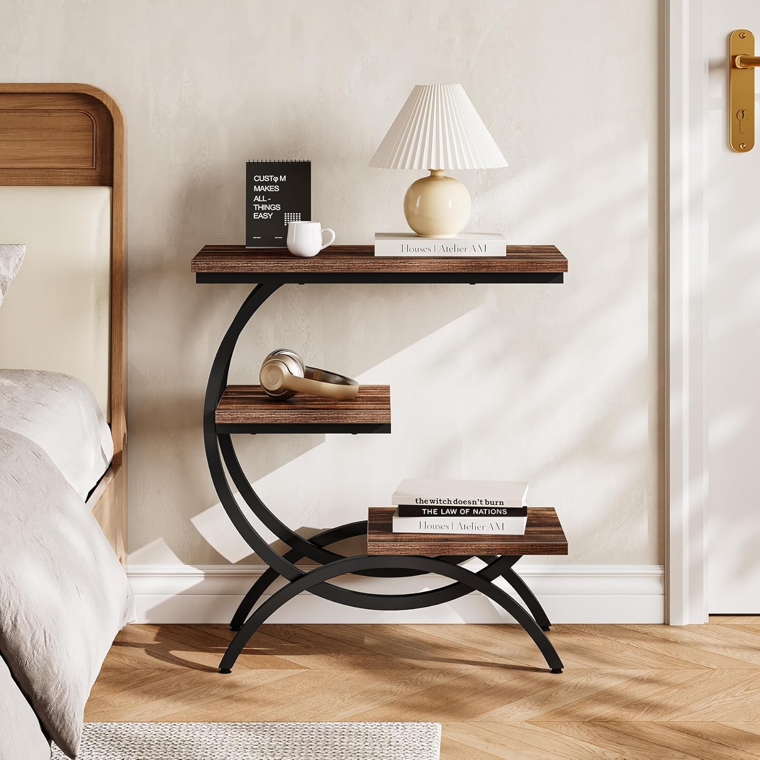 LITTLE TREE End Table Set 2, Narrow End Table with 3 Storage Shelves, Industrial C-Shaped Small Sofa Side Table for Living Room, Wood Slim Snack Table with Black Metal Frame, Rustic Brown