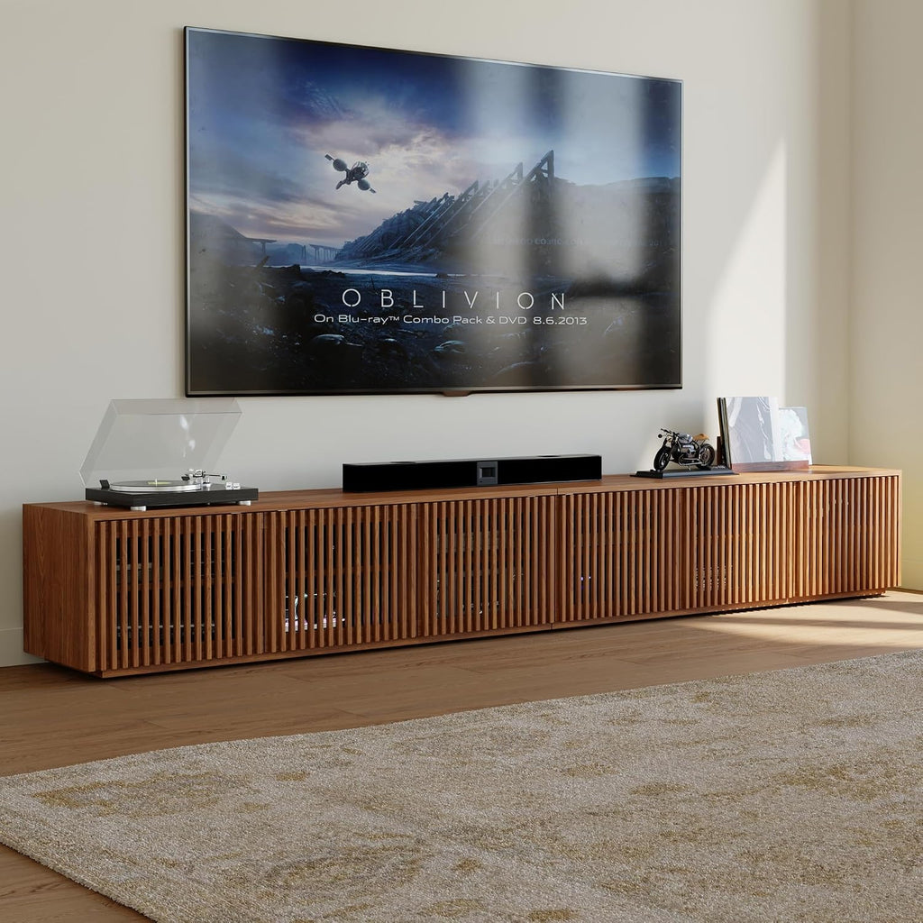POVISON Full Assembled Mid Century Modern TV Stand, 118' Extra-Large Entertainment Center for 100 inch TV, Wood Slatted TV Media Console with Storage for Living Room Bedroom