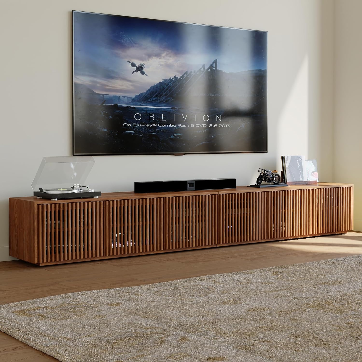 POVISON Full Assembled Mid Century Modern TV Stand, 118' Extra-Large Entertainment Center for 100 inch TV, Wood Slatted TV Media Console with Storage for Living Room Bedroom